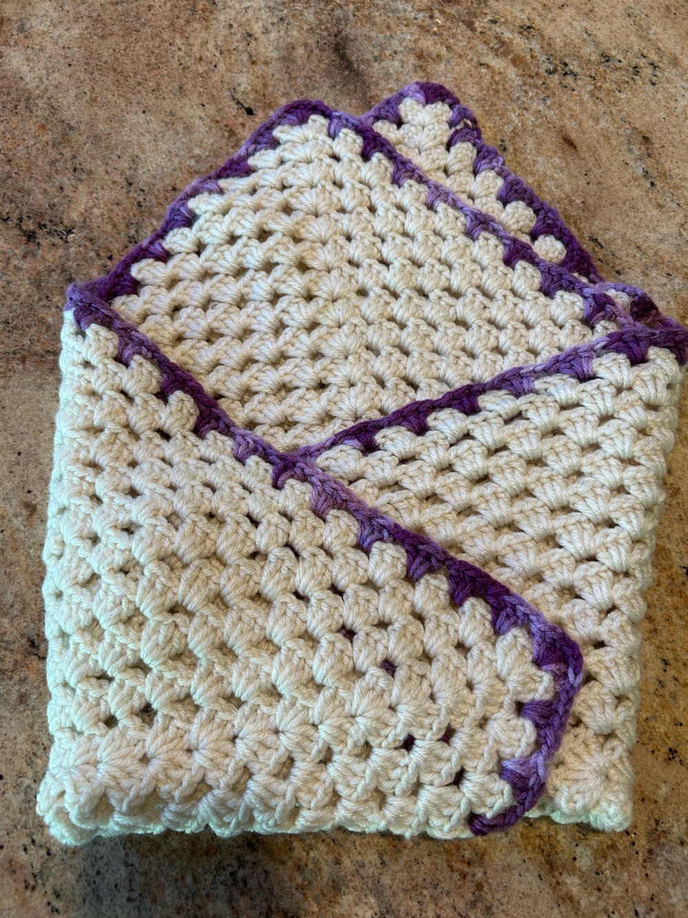 24”x24” Handmade Lavender & Ivory Cream Crochet Baby Afghan w/Purple Trim Unused